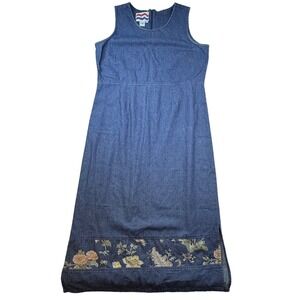 Vtg 90s Country Wear Denim Floral Maxi Dress Blue Cotton Large -minor spots